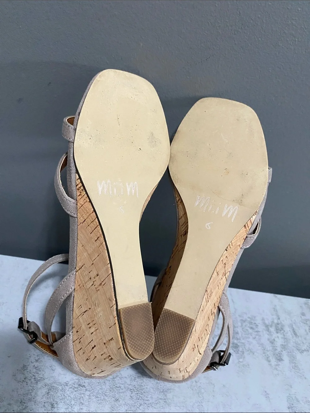 Mi.iM Women's Leather Taupe Wedge Sandals with Ankle Strap Size 6